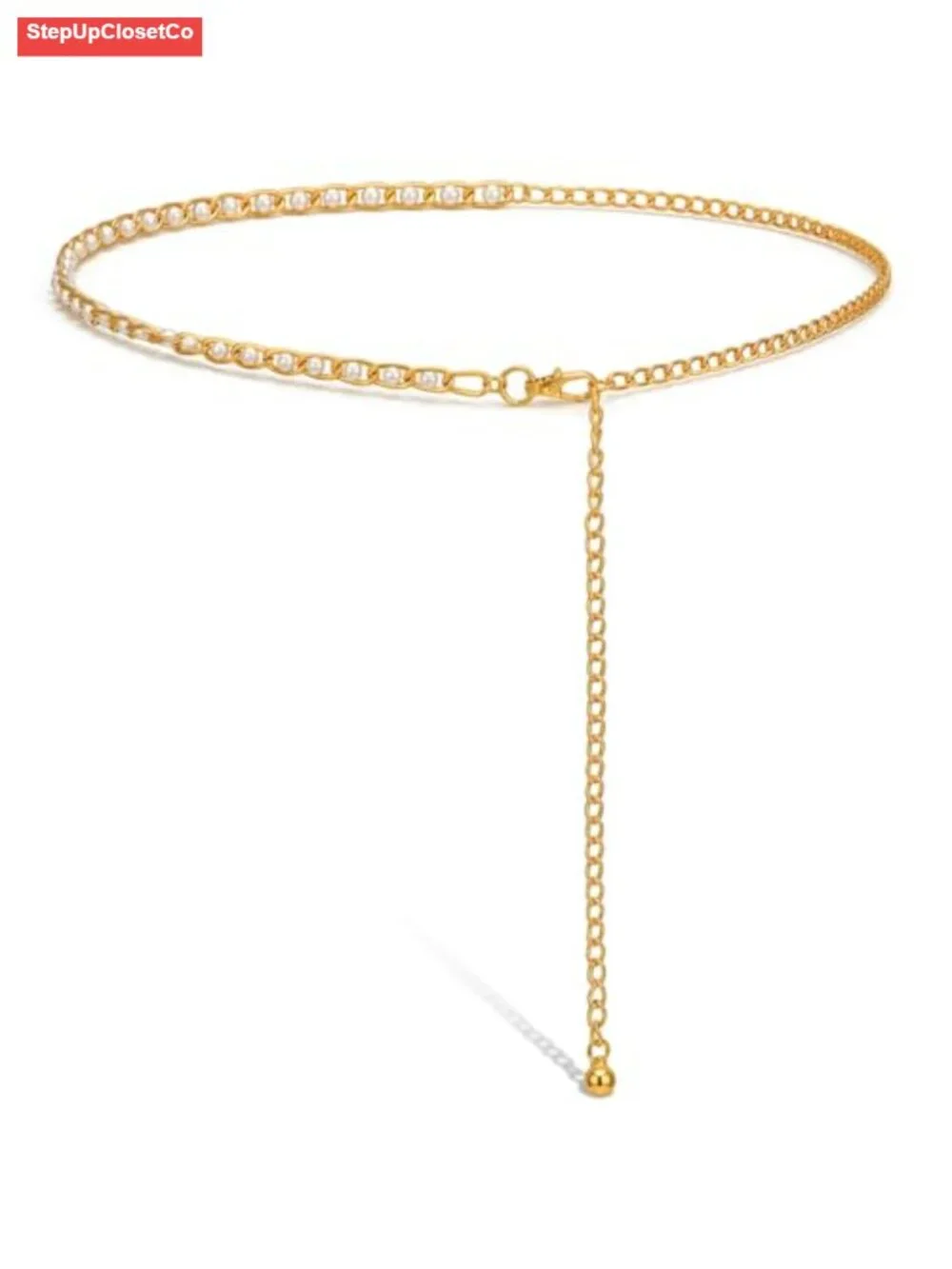 Adjustable Metal Waist Chain Belt with Pearl Accents, Lobster Clasp, Dainty
